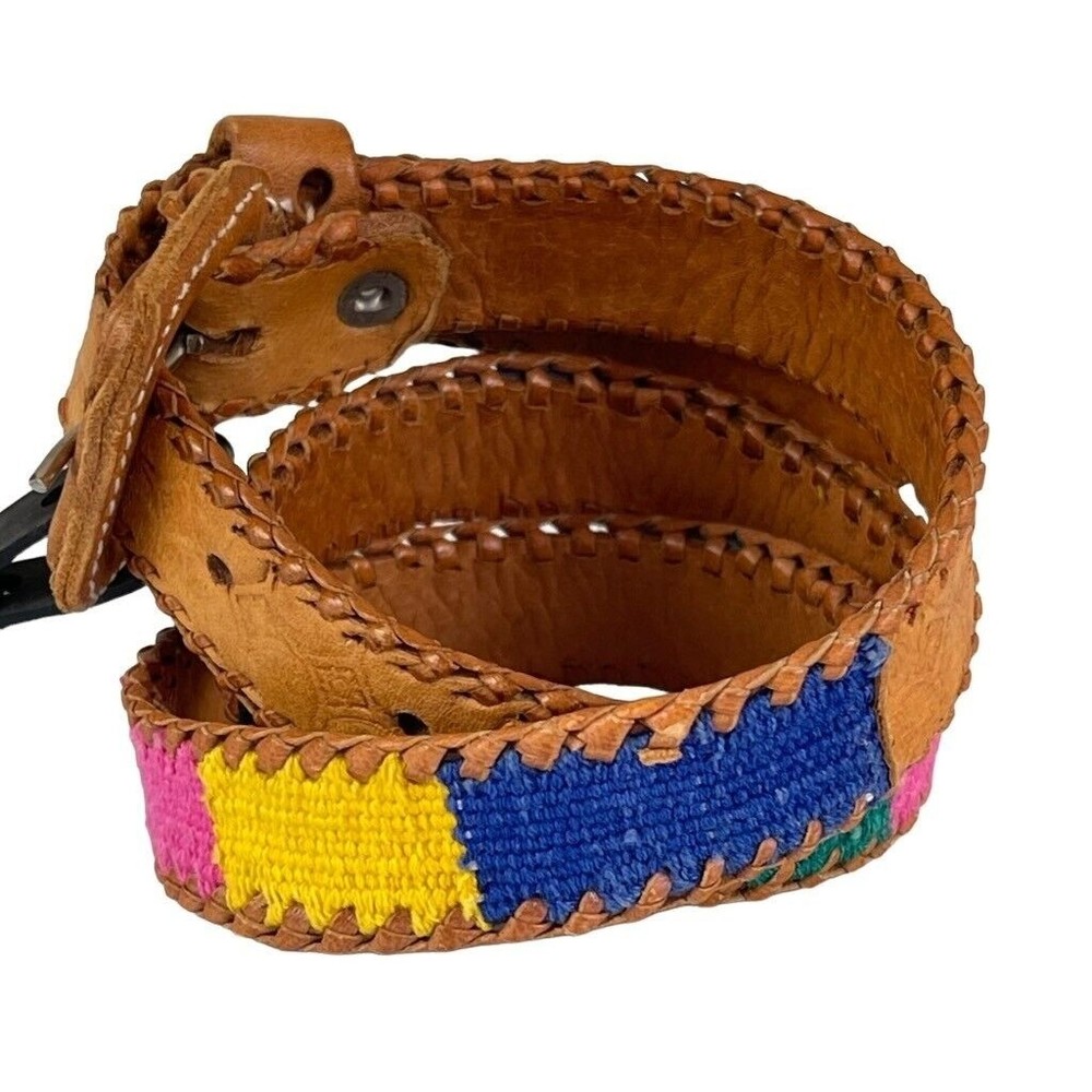 Tooled Leather & Elastic Woven Women's Belt Rainbow Color Fits Medium~Large - Picture 3 of 12